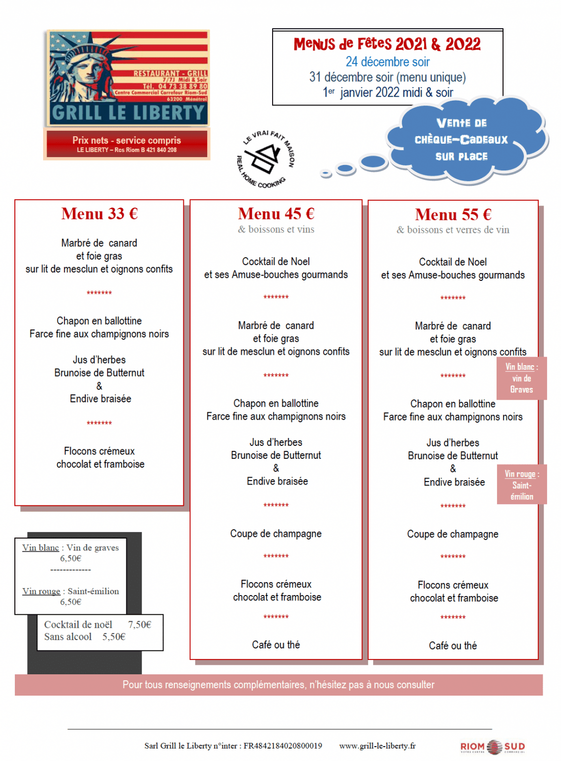 Des menus de fête au Liberty ! Riom Sud Votre centre commercial